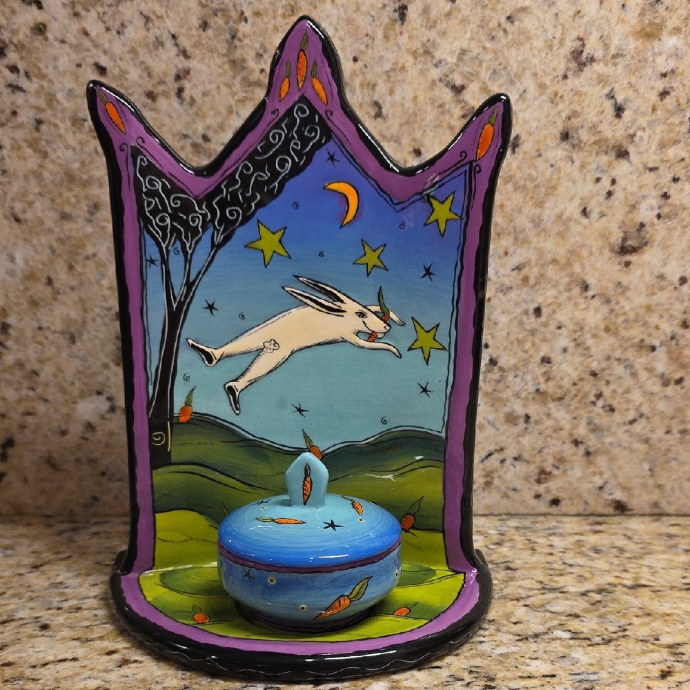 Vintage Terri Kern Tea Light Tealite Votive Candle Holder Shrine Whimsical Rabbi